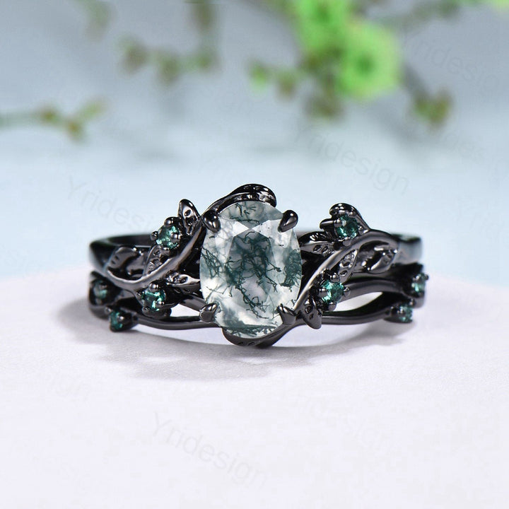 Unique black gold moss agate ring set Nature Inspired aquatic agate engagement ring vintage cluster emerald Leaf wedding ring set for women - PENFINE