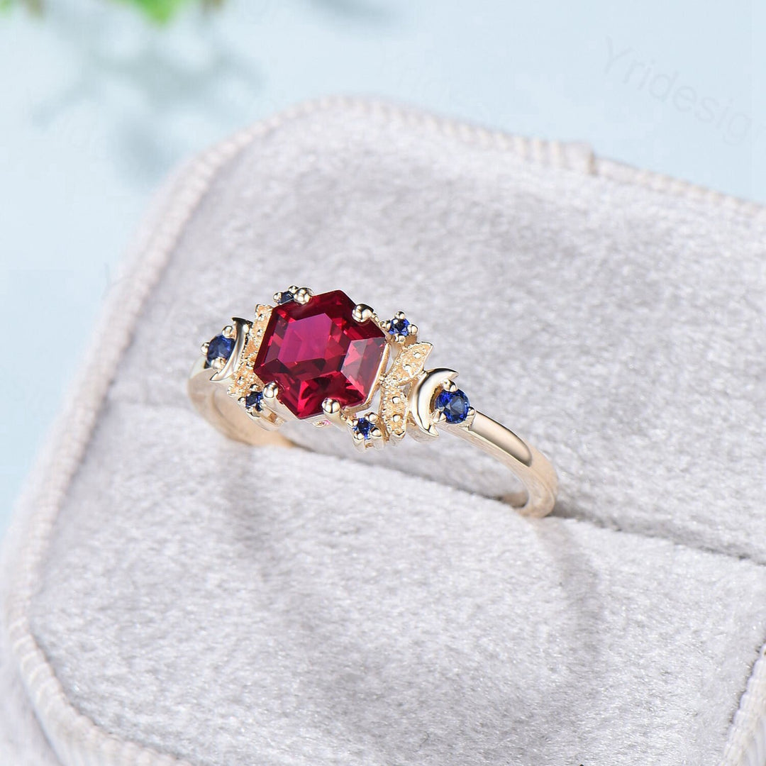 Vintage Moon Ruby engagement ring unique hexagon cut red ruby milgrain wedding ring rose gold cluster sapphire ring handmade proposal gifts - PENFINE