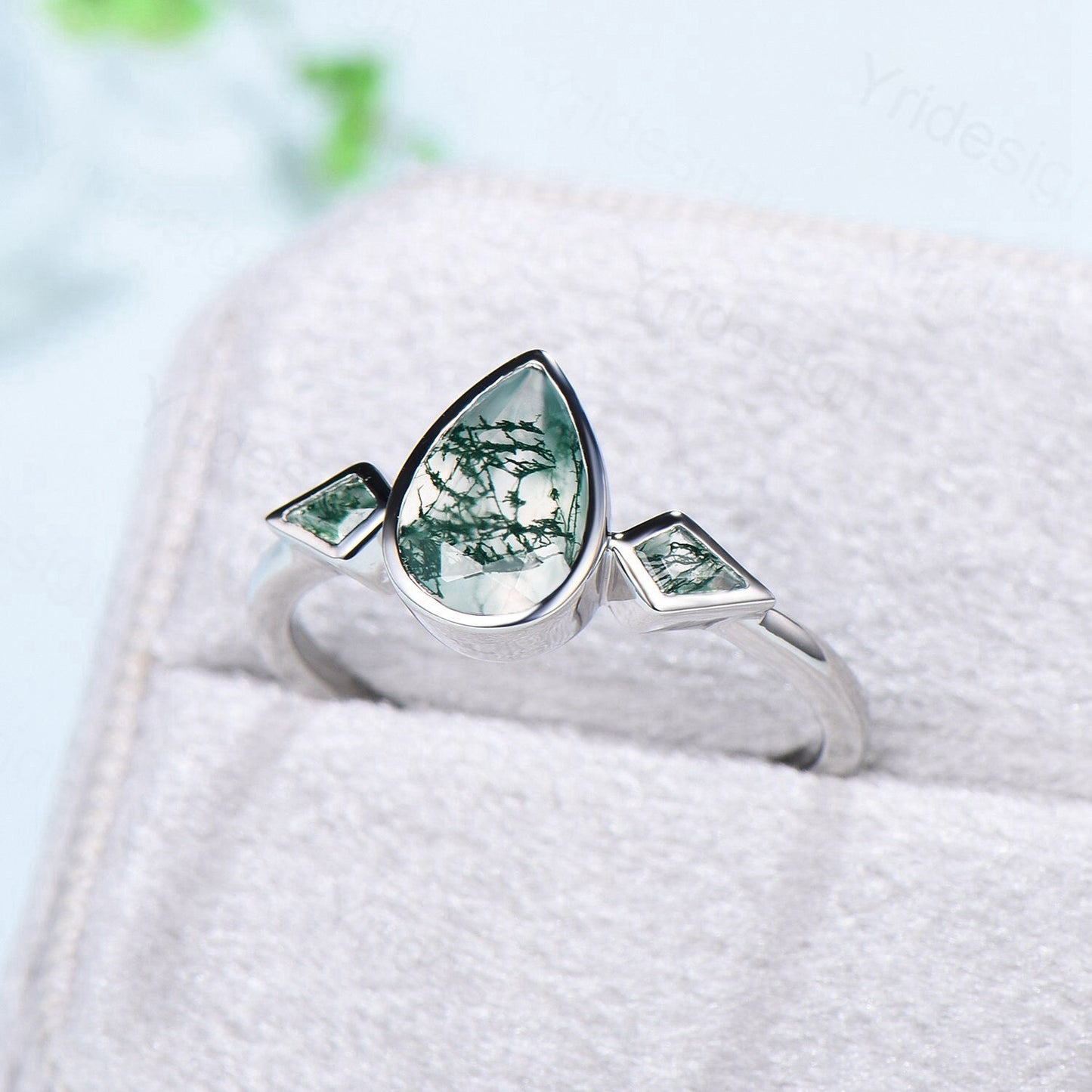 Bezel Set Moss Agate Ring Pear Aquatic Agate Engagement Ring Minimalist Kite Green Agate Wedding Ring For Women Three Stone Anniversary Ring - PENFINE