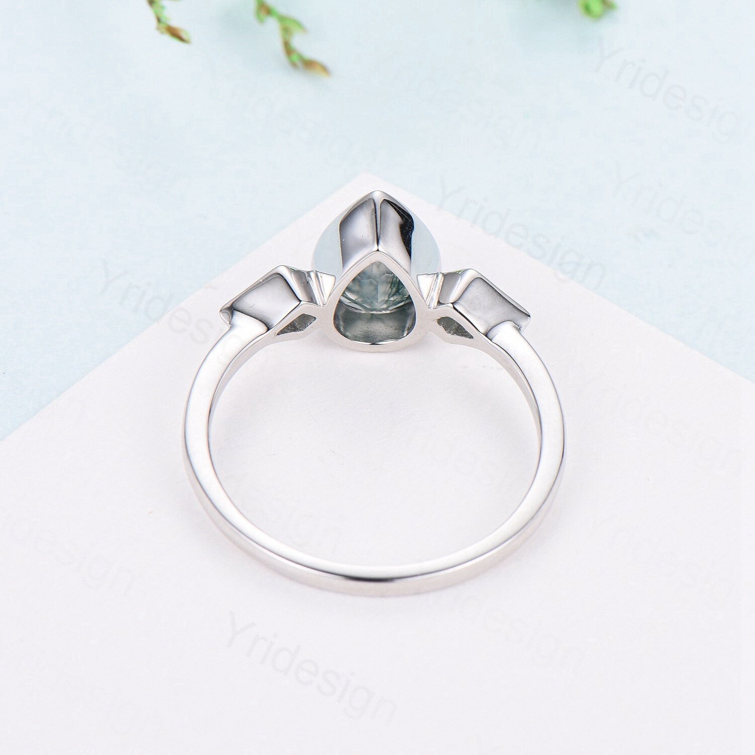 Bezel Set Moss Agate Ring Pear Aquatic Agate Engagement Ring Minimalist Kite Green Agate Wedding Ring For Women Three Stone Anniversary Ring - PENFINE