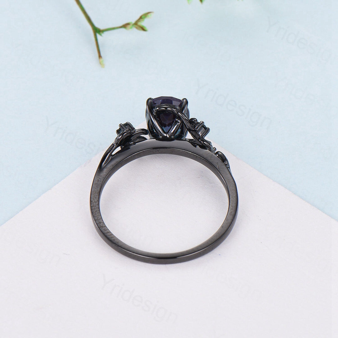 Black Gold Twig Ring: Blue Star Sapphire, Emerald Wedding Ring - PENFINE