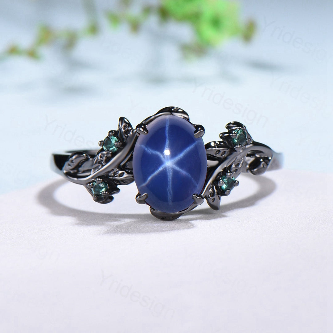 Black Gold Twig Ring: Blue Star Sapphire, Emerald Wedding Ring - PENFINE