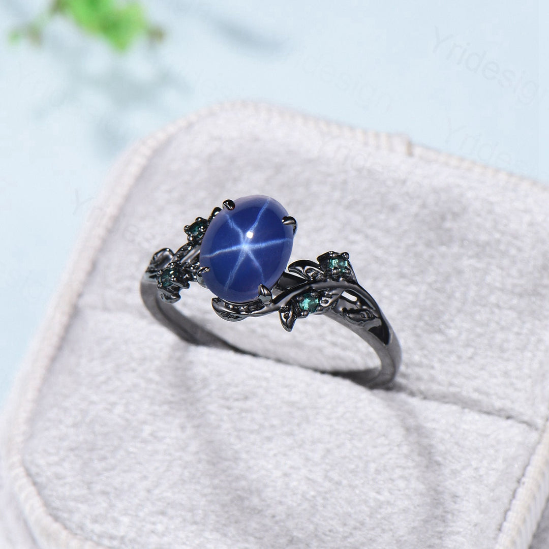 Black Gold Twig Ring: Blue Star Sapphire, Emerald Wedding Ring - PENFINE