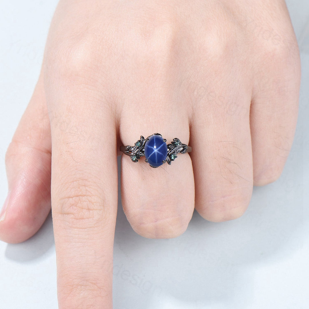 Black Gold Twig Ring: Blue Star Sapphire, Emerald Wedding Ring - PENFINE