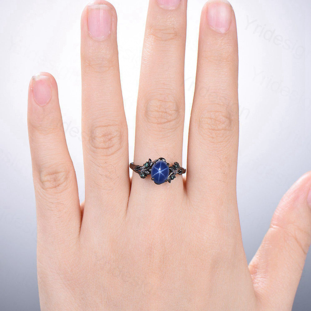 Black Gold Twig Ring: Blue Star Sapphire, Emerald Wedding Ring - PENFINE