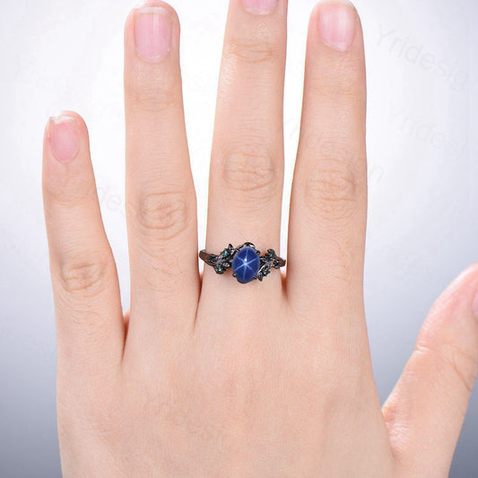 Black Gold Twig Ring: Blue Star Sapphire, Emerald Wedding Ring - PENFINE