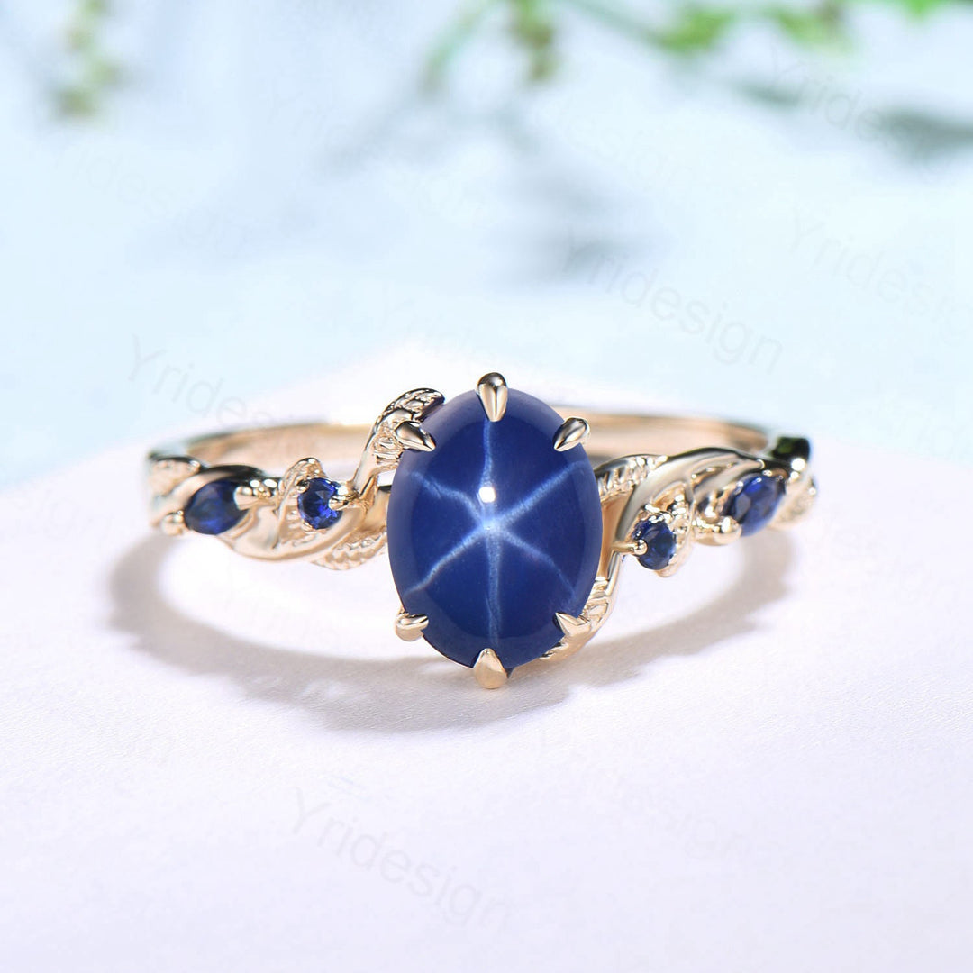 Vintage Inspired Star Sapphire Ring, Leaf Gold Band, Dainty Wedding Ring - PENFINE