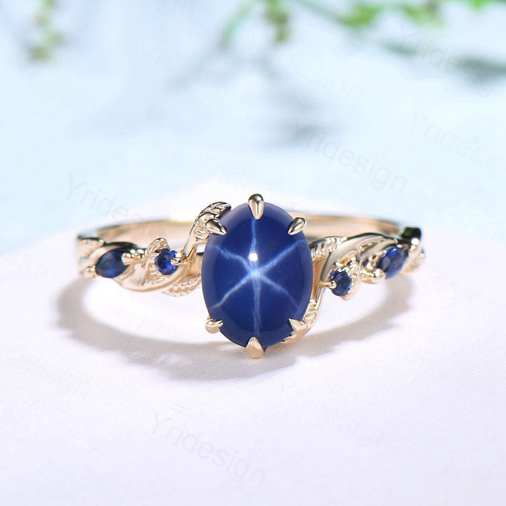 Vintage Inspired Star Sapphire Ring, Leaf Gold Band, Dainty Wedding Ring - PENFINE