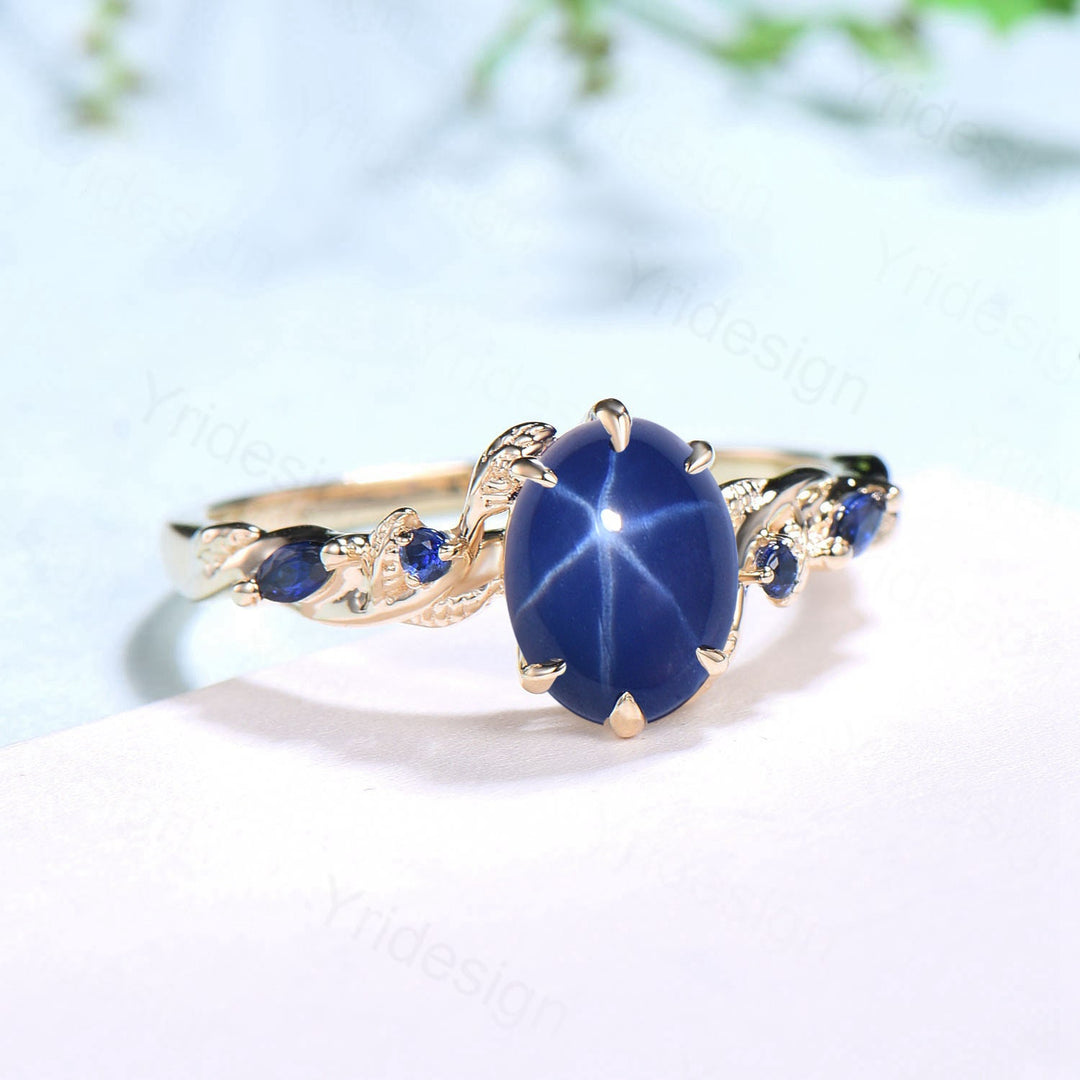 Vintage Inspired Star Sapphire Ring, Leaf Gold Band, Dainty Wedding Ring - PENFINE