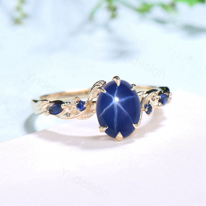 Vintage Inspired Star Sapphire Ring, Leaf Gold Band, Dainty Wedding Ring - PENFINE