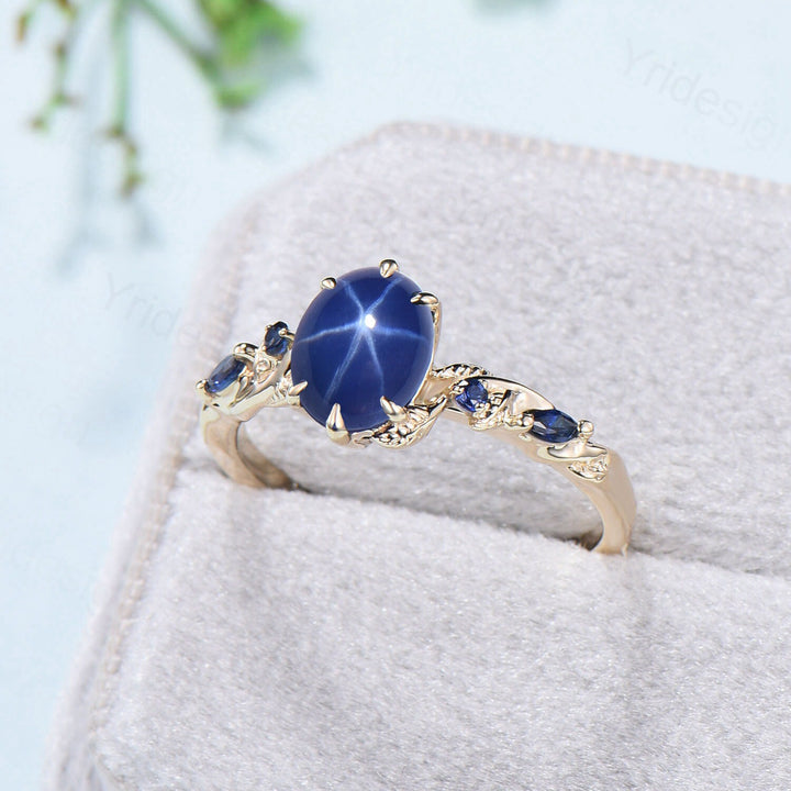 Vintage Inspired Star Sapphire Ring, Leaf Gold Band, Dainty Wedding Ring - PENFINE