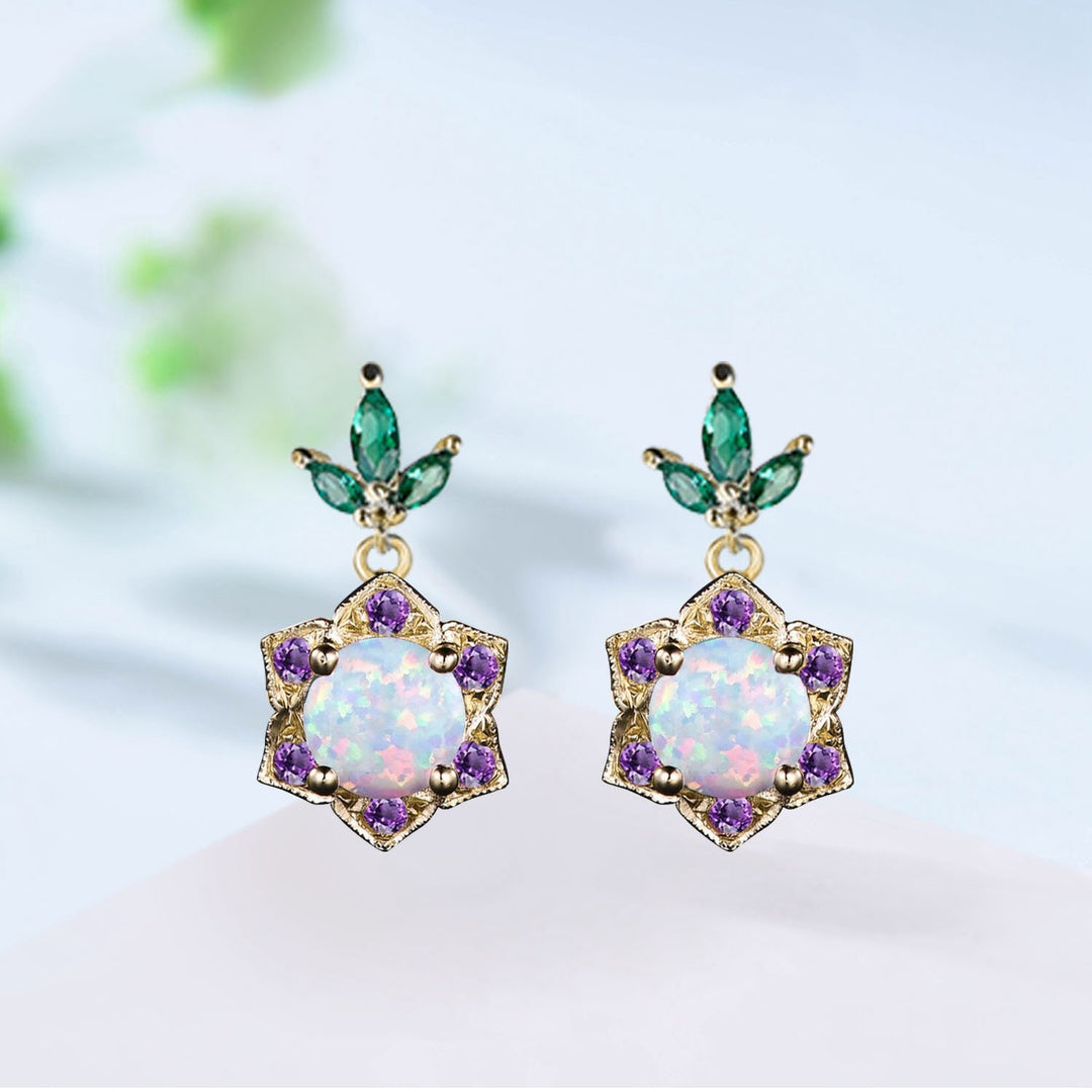 Vintage Fire Opal Halo Earrings, Amethyst & Emerald Studs - PENFINE