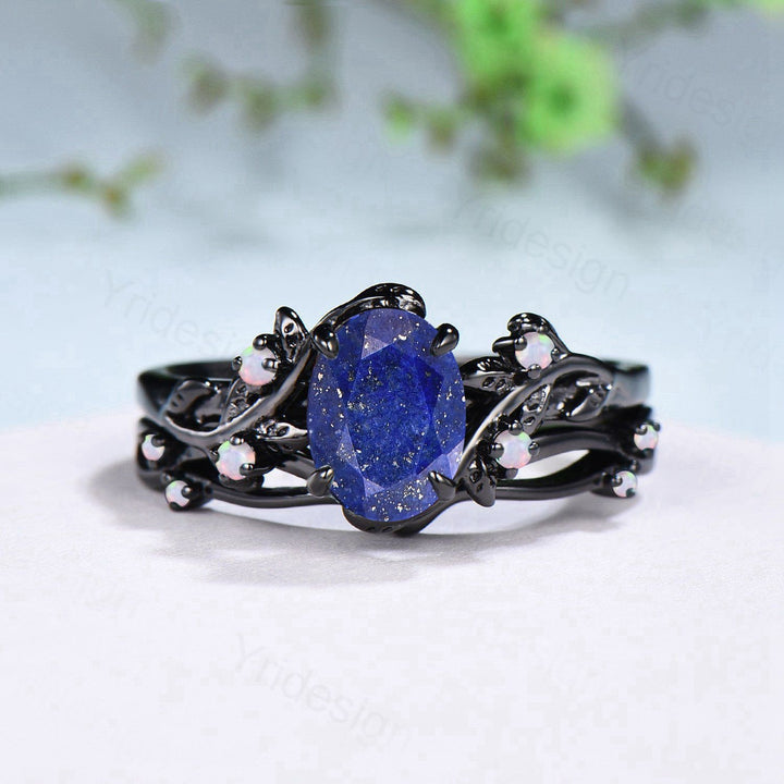 Lapis Lazuli Wedding Ring Set, Black Gold Twig, Opal Branch Bridal Set - PENFINE