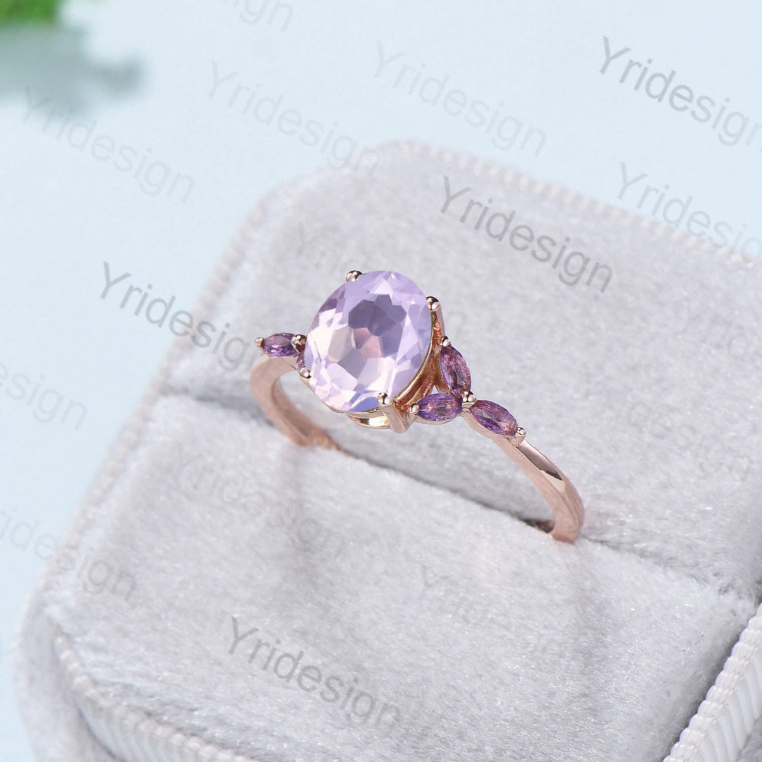 Vintage Oval natural Lavender Amethyst Engagement Ring Set Unique Seven Stone Marquise Amethyst  Wedding Bridal Set February Birthstone Gift - PENFINE