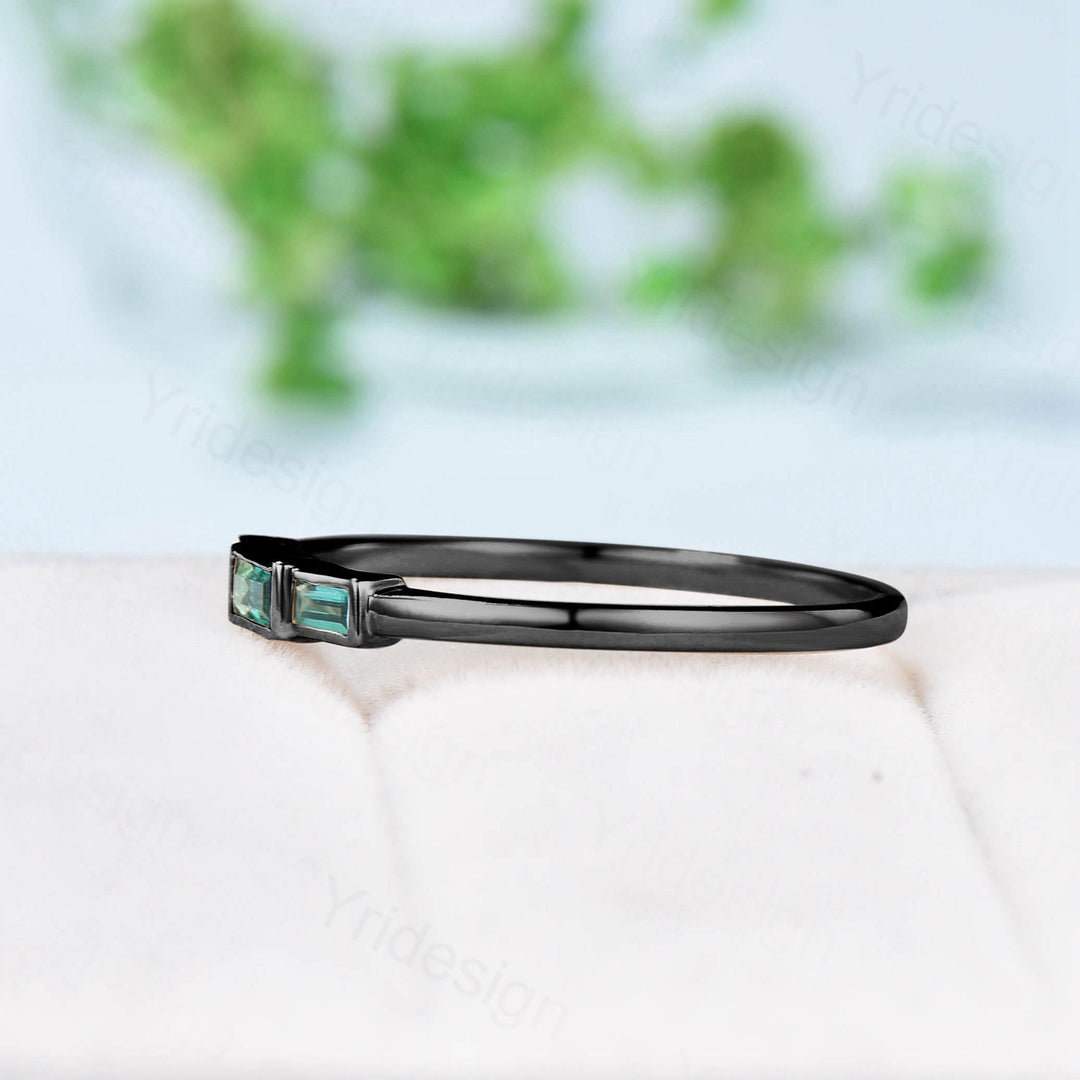 Black Gold Emerald Ring, Baguette Three Stone Promise Ring - PENFINE