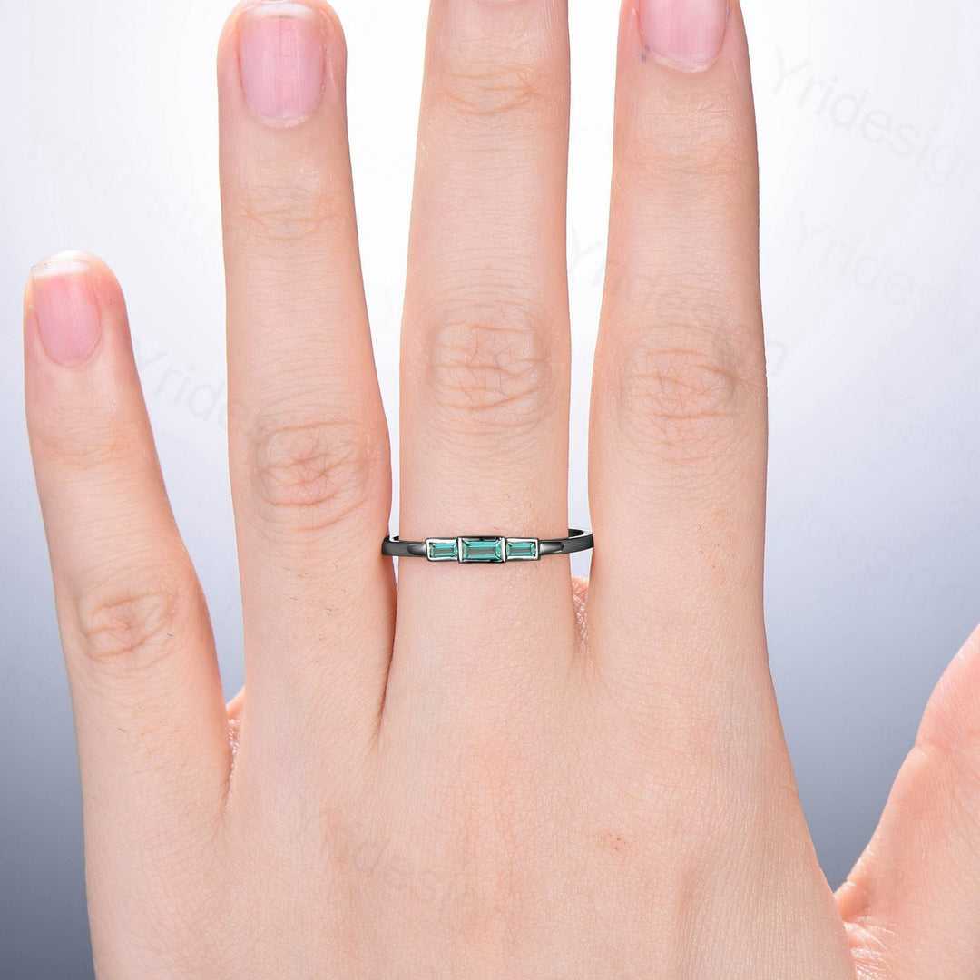 Black Gold Emerald Ring, Baguette Three Stone Promise Ring - PENFINE