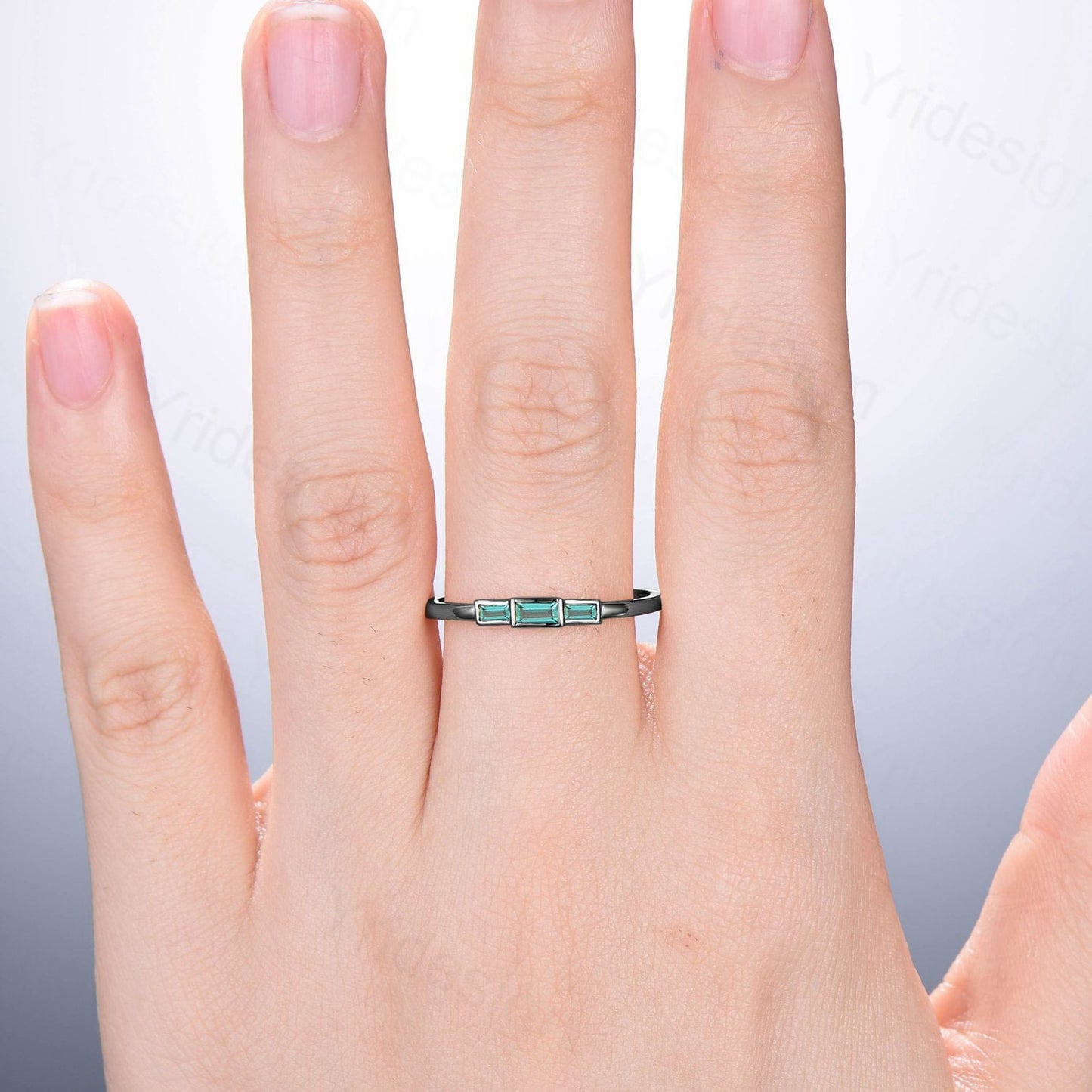 Black Gold Emerald Ring, Baguette Three Stone Promise Ring - PENFINE
