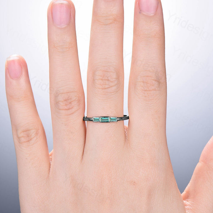 Black Gold Emerald Ring, Baguette Three Stone Promise Ring - PENFINE