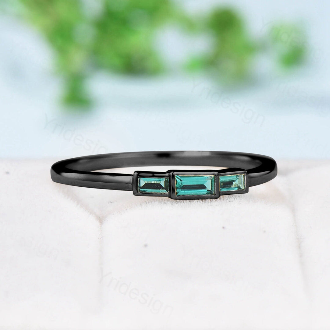 Black Gold Emerald Ring, Baguette Three Stone Promise Ring - PENFINE