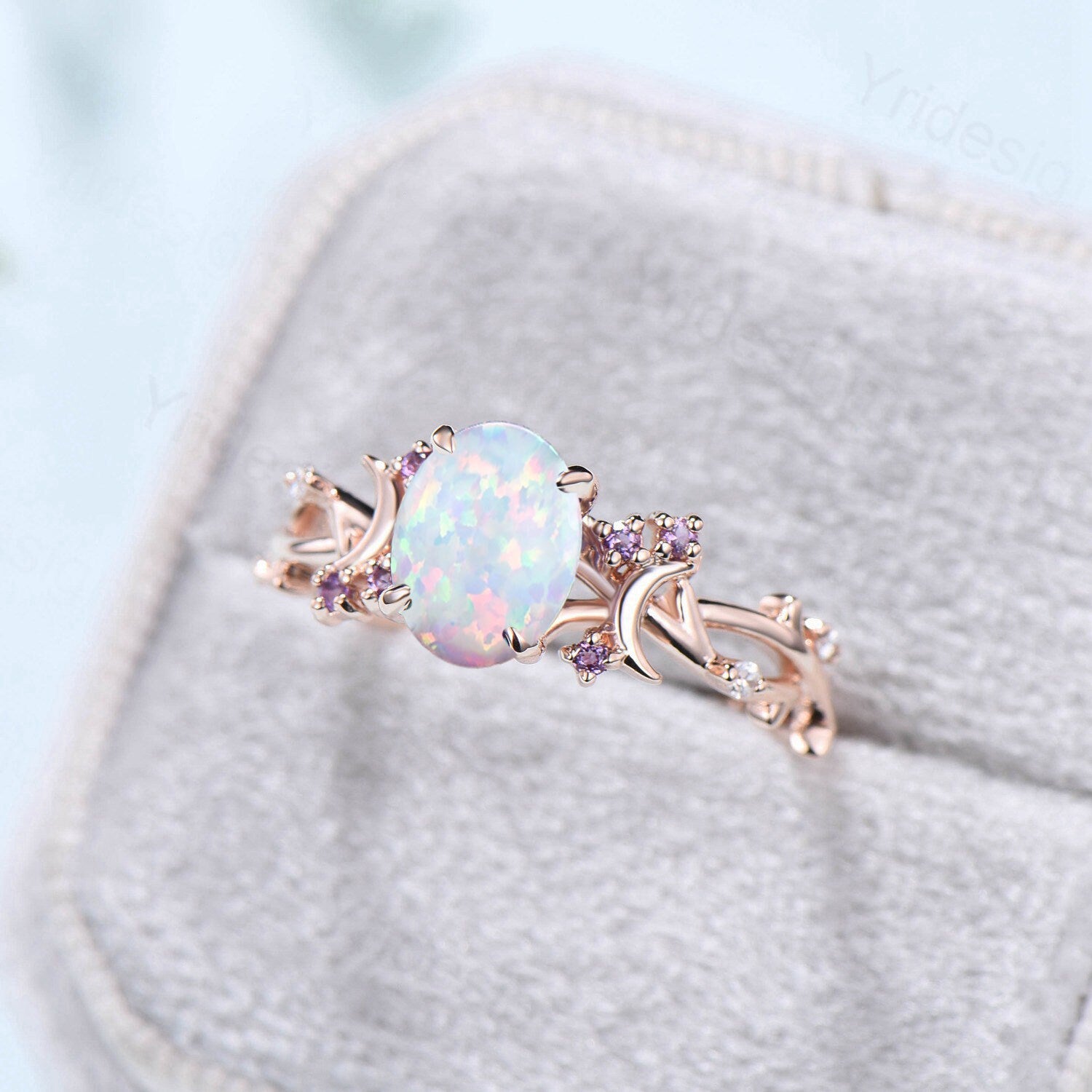 Unique 1.5CT Oval Cut Opal Ring Vintage White Opal Moon Engagement Ring Twig  Branch Cluster Amethyst Wedding Ring PromiseGift For Women - PENFINE