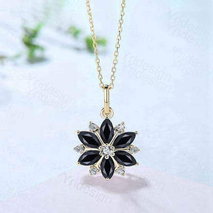Victorian Gothic Pendant- Art Deco Black Spinel Snowflake Necklace - PENFINE