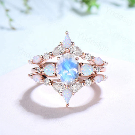 1.5CT Oval Moonstone Engagement Ring Set Vintage Pear Opal Moissanite Wedding Ring Set Women Double Curved Stacking Pear Band Bridal Set - PENFINE