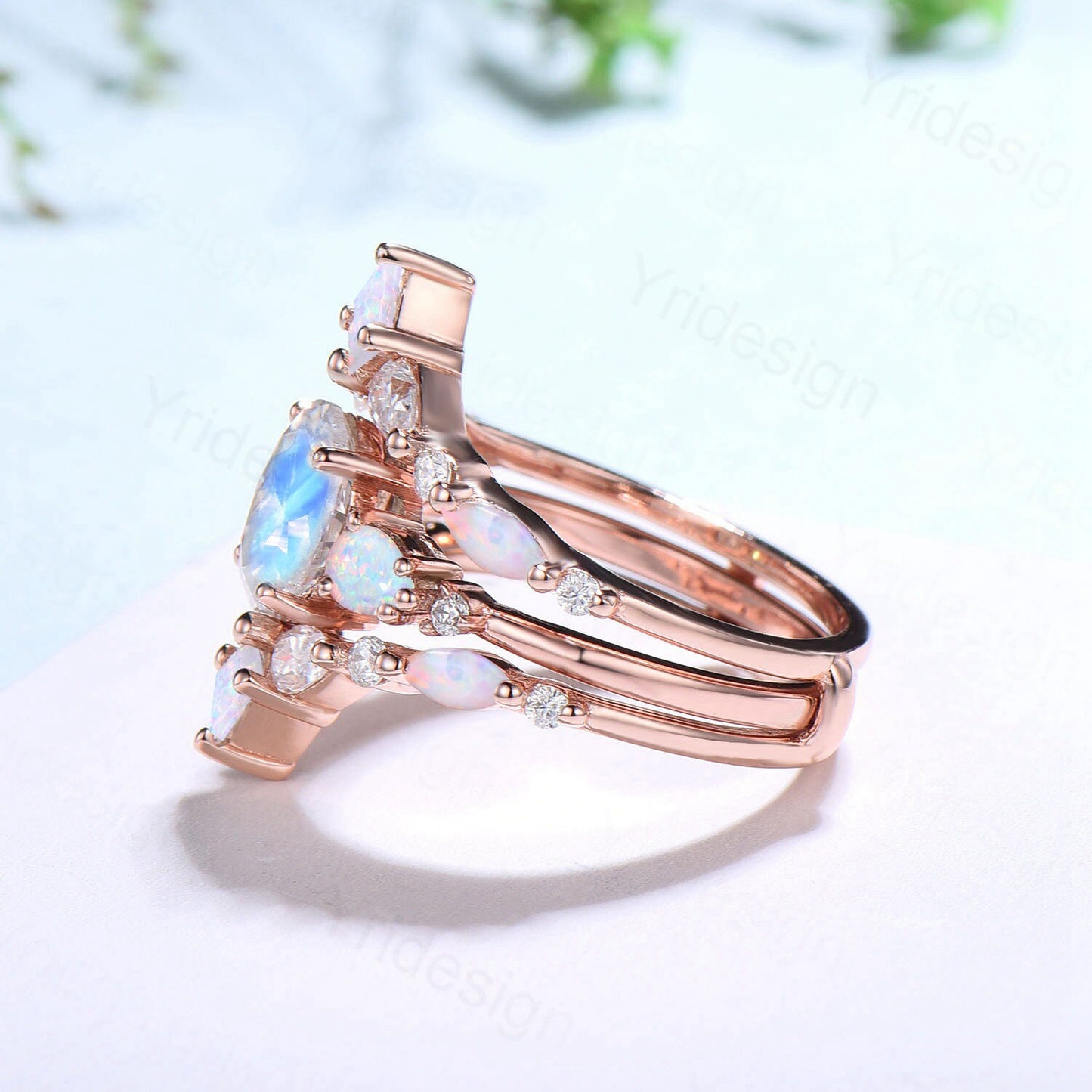 1.5CT Oval Moonstone Engagement Ring Set Vintage Pear Opal Moissanite Wedding Ring Set Women Double Curved Stacking Pear Band Bridal Set - PENFINE