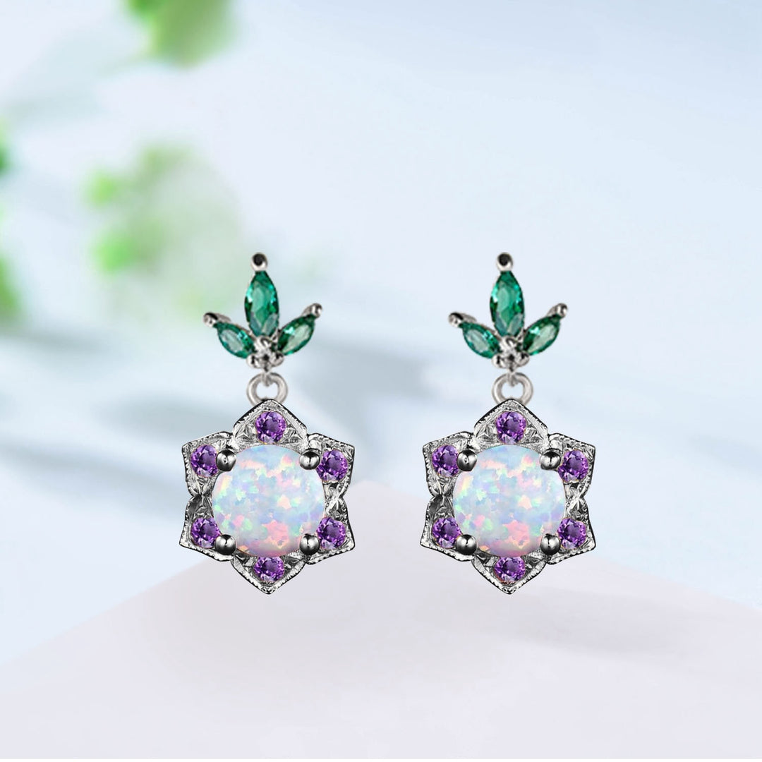 Vintage Fire Opal Halo Earrings, Amethyst & Emerald Studs - PENFINE