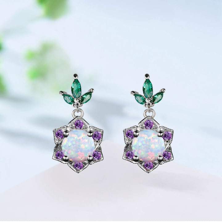 Vintage Fire Opal Halo Earrings, Amethyst & Emerald Studs - PENFINE
