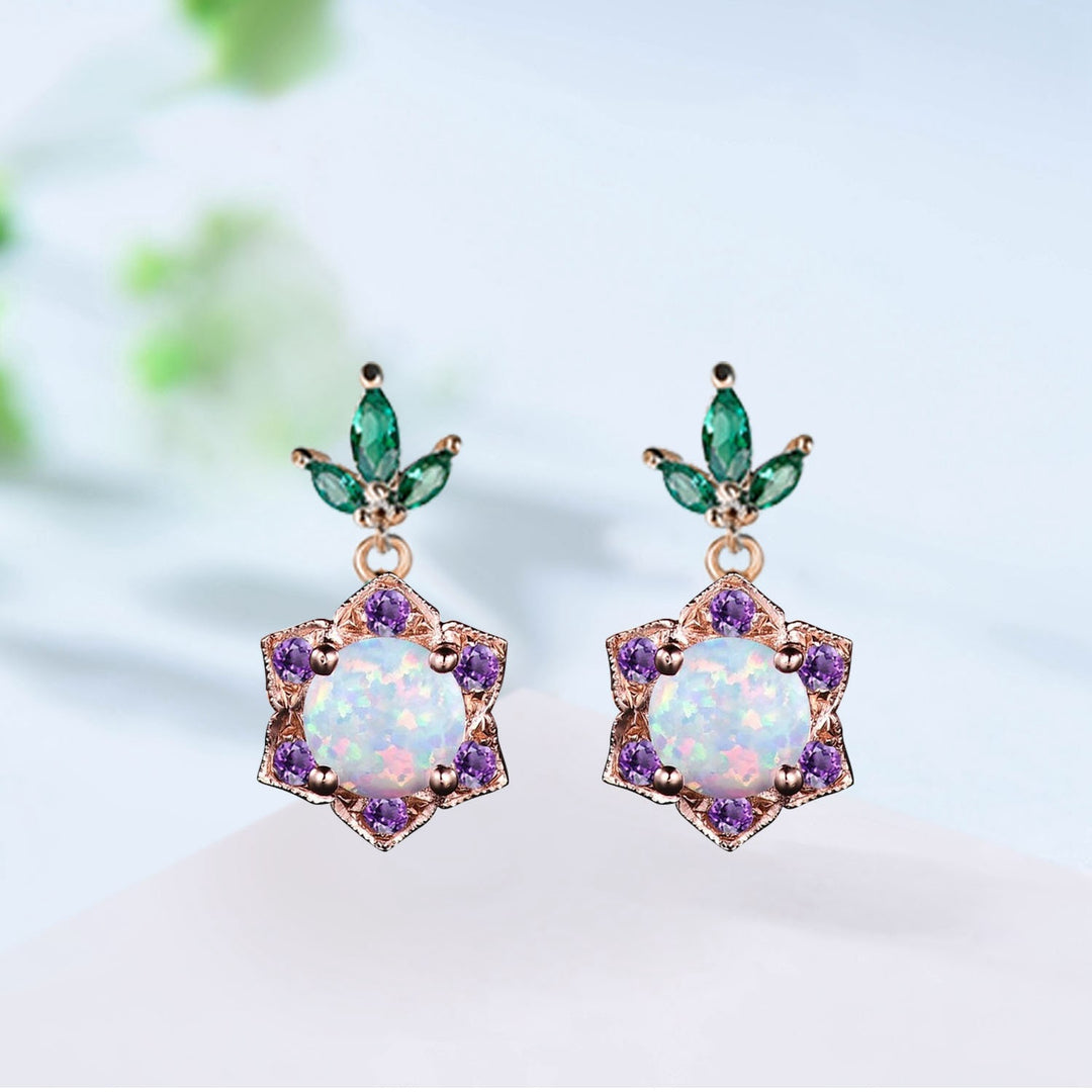 Vintage Fire Opal Halo Earrings, Amethyst & Emerald Studs - PENFINE