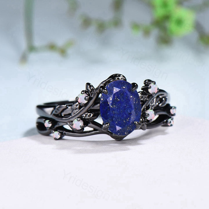 Lapis Lazuli Wedding Ring Set, Black Gold Twig, Opal Branch Bridal Set - PENFINE