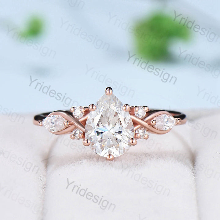 VS1-E 1.25 Carat Pear Diamond Engagement Ring Vintage Lab Grown Diamond IGI Certificate Engagement Ring 7 Stone Marquise Wedding Ring Set - PENFINE