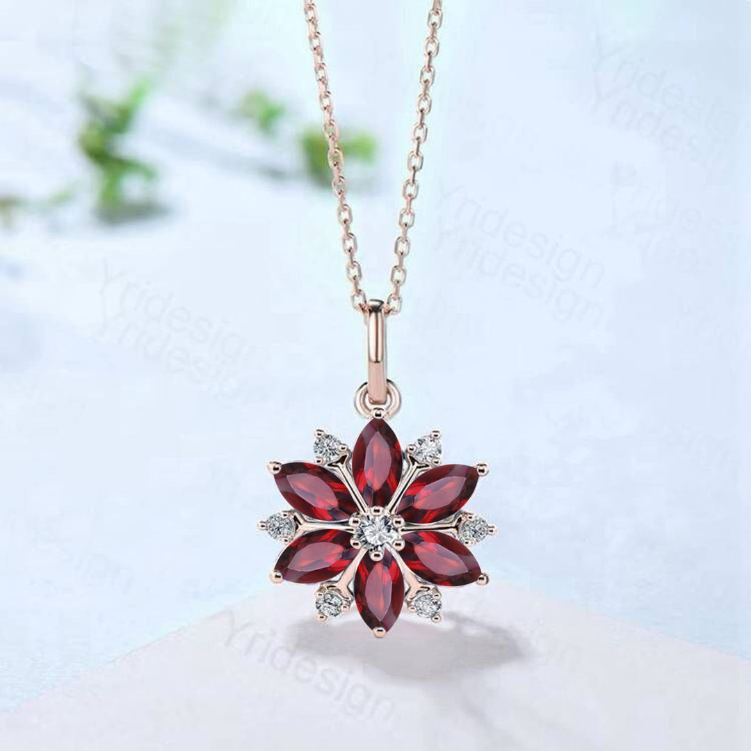 Vintage Snowflake Ruby Pendant Necklace, 14k Gold Floral Jewelry - PENFINE
