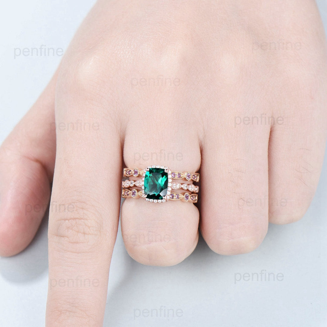 Cushion Emerald Engagement Ring Set: Rose Gold Halo Diamond & Amethyst Bands - PENFINE