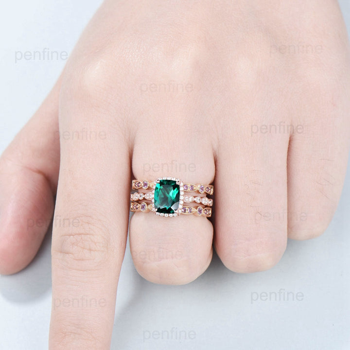 Cushion Emerald Engagement Ring Set: Rose Gold Halo Diamond & Amethyst Bands - PENFINE