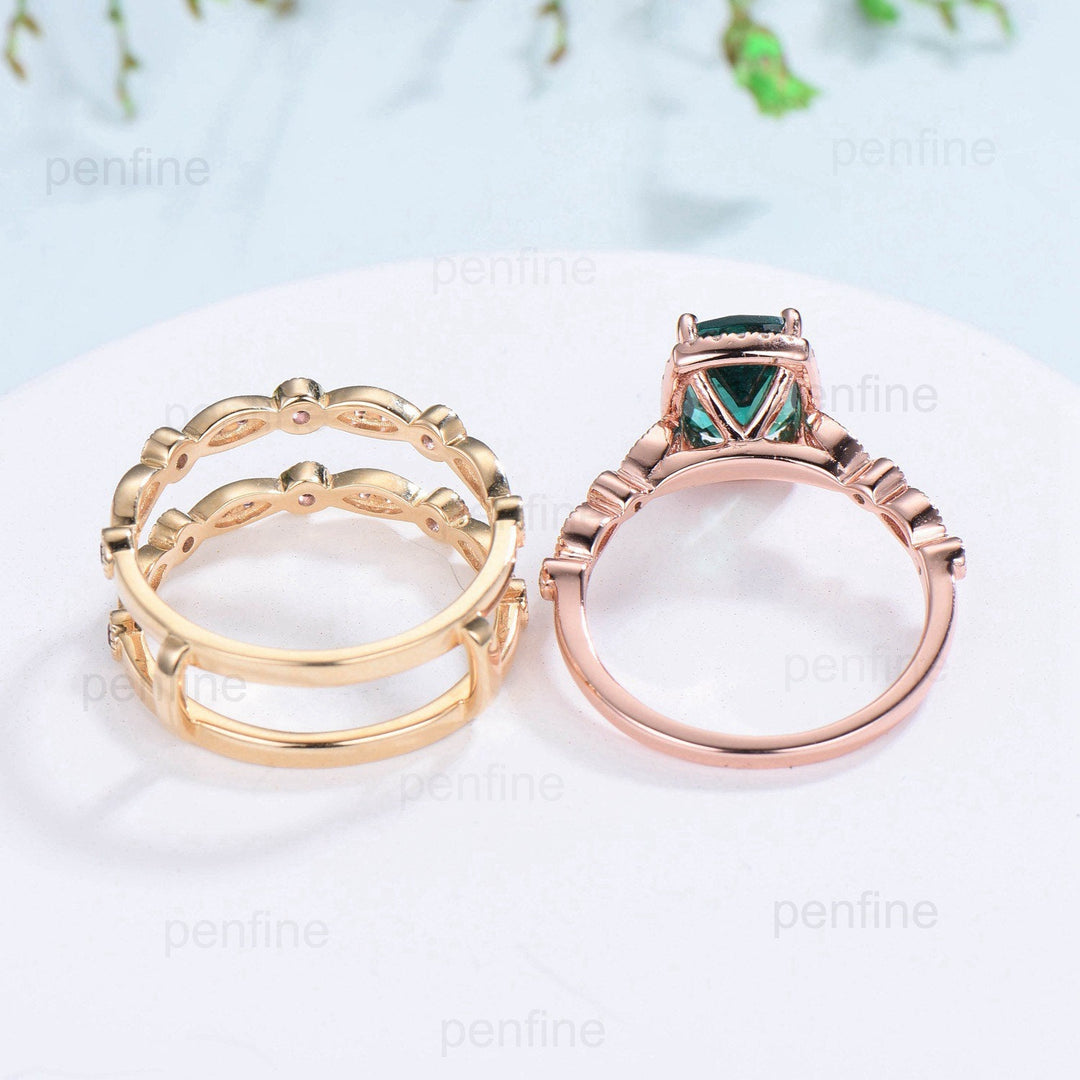 Cushion Emerald Engagement Ring Set: Rose Gold Halo Diamond & Amethyst Bands - PENFINE