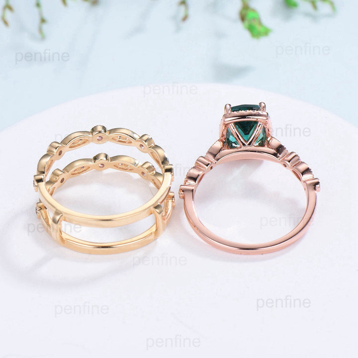 Cushion Emerald Engagement Ring Set: Rose Gold Halo Diamond & Amethyst Bands - PENFINE