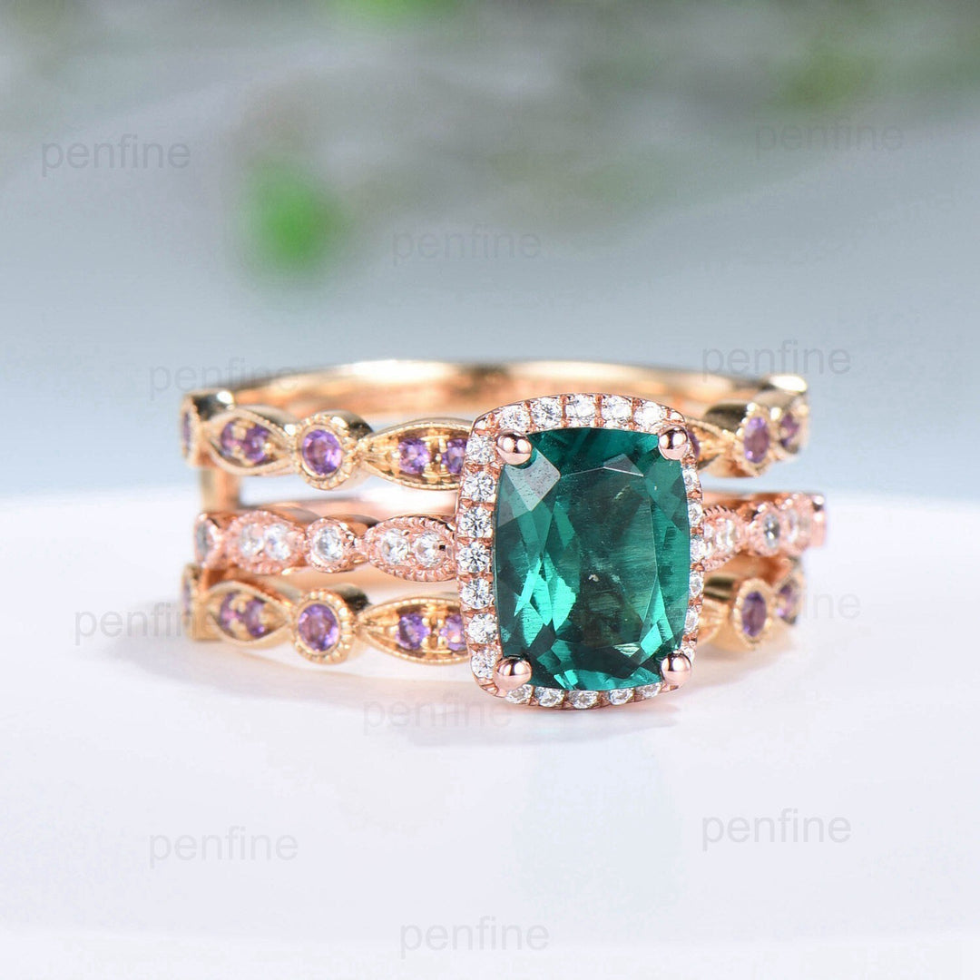 Cushion Emerald Engagement Ring Set: Rose Gold Halo Diamond & Amethyst Bands - PENFINE