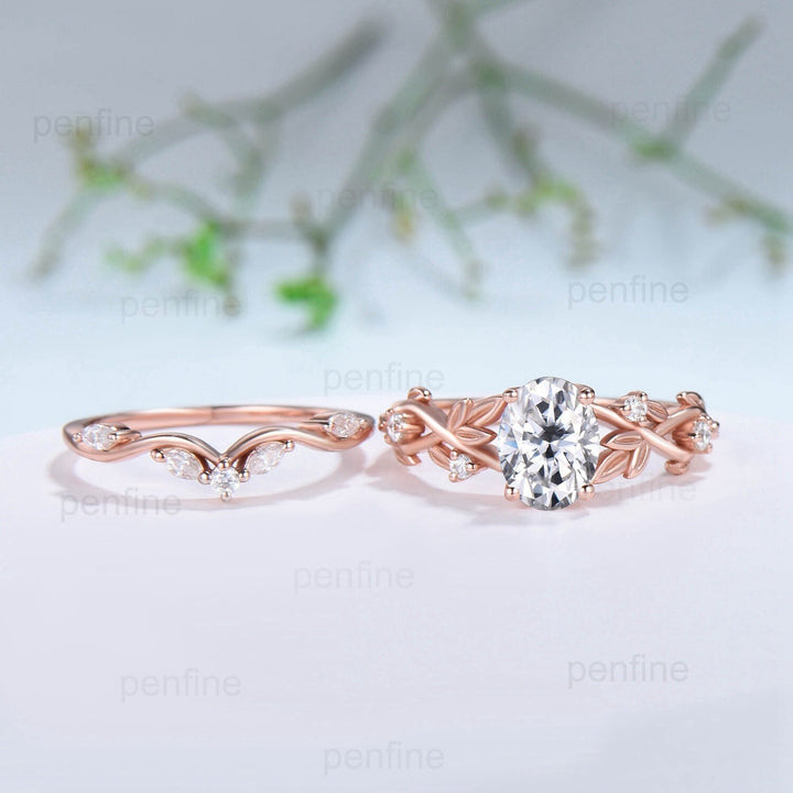 Nature Inspired Lab Grown Diamond Engagement Ring Twig Oval Diamond Bridal Ring Set Unique Leaf Diamonds Platinum Wedding Ring Set for Her - PENFINE