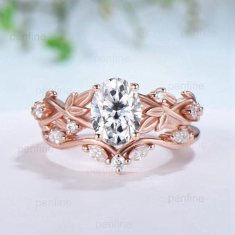 Nature Inspired Lab Grown Diamond Engagement Ring Twig Oval Diamond Bridal Ring Set Unique Leaf Diamonds Platinum Wedding Ring Set for Her - PENFINE