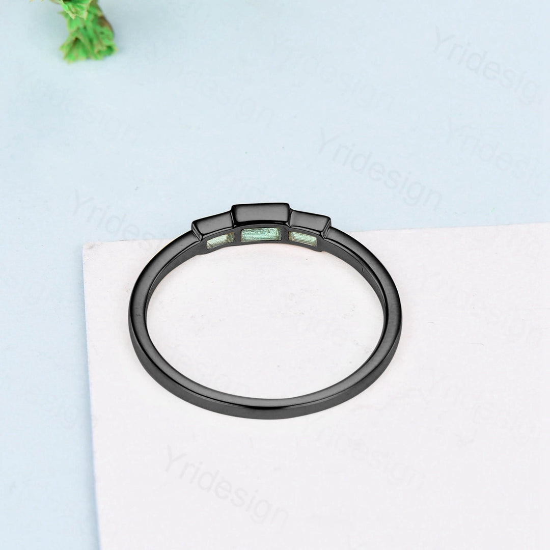 Black Gold Emerald Ring, Baguette Three Stone Promise Ring - PENFINE