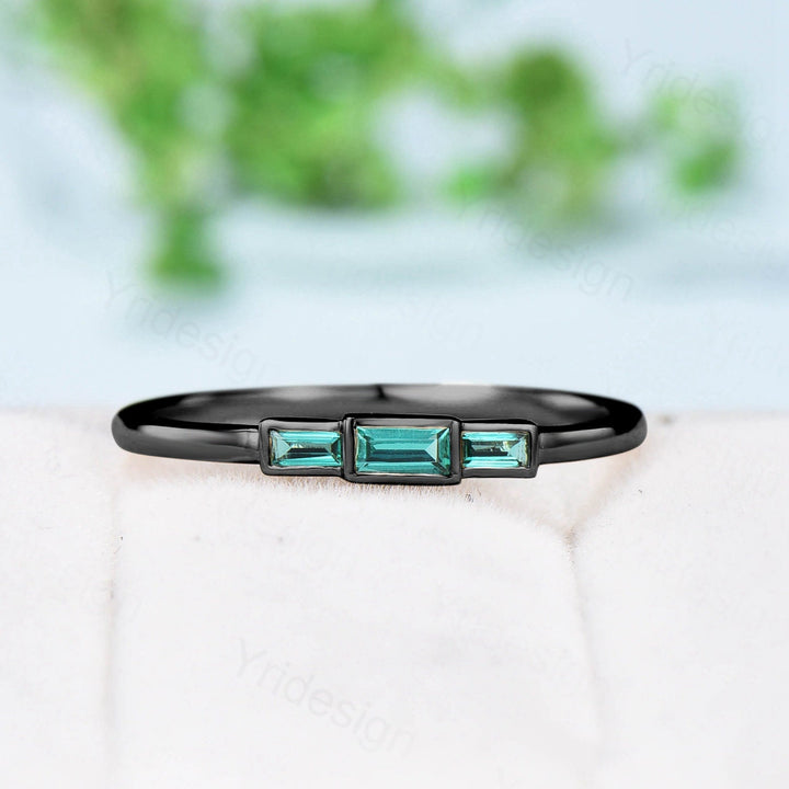 Black Gold Emerald Ring, Baguette Three Stone Promise Ring - PENFINE