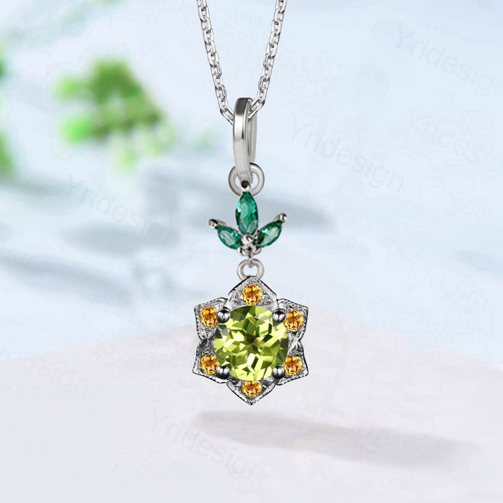 Vintage Peridot and Citrine Halo Pendant: Handmade Sterling Silver Necklace - PENFINE