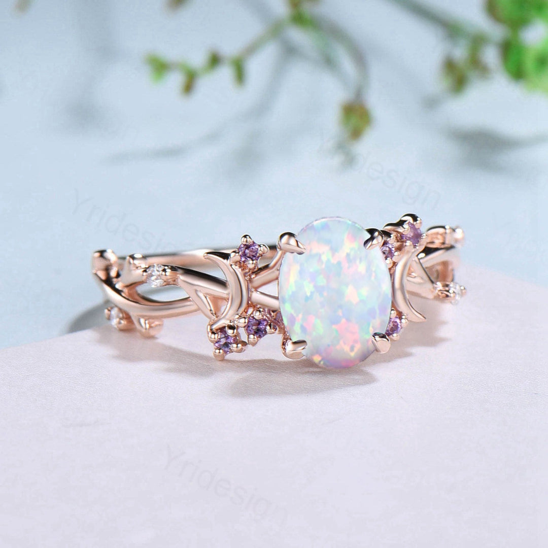 Unique 1.5CT Oval Cut Opal Ring Vintage White Opal Moon Engagement Ring Twig  Branch Cluster Amethyst Wedding Ring PromiseGift For Women - PENFINE