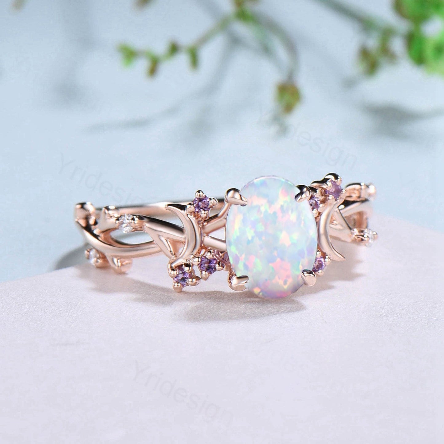 Unique 1.5CT Oval Cut Opal Ring Vintage White Opal Moon Engagement Ring Twig  Branch Cluster Amethyst Wedding Ring PromiseGift For Women - PENFINE