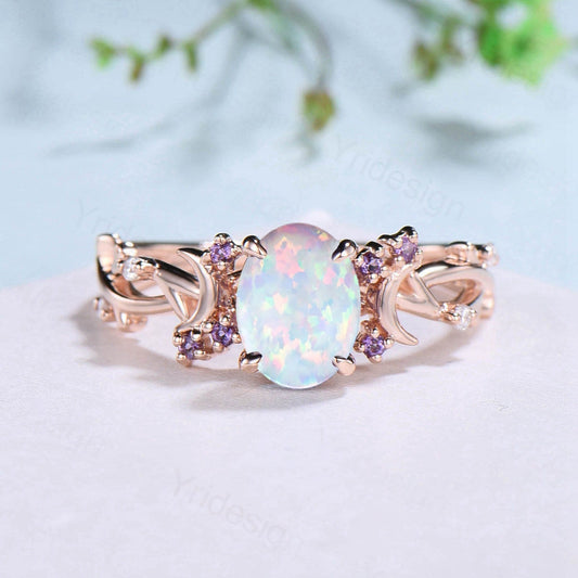 Unique 1.5CT Oval Cut Opal Ring Vintage White Opal Moon Engagement Ring Twig Branch Cluster Amethyst Wedding Ring PromiseGift For Women - PENFINE