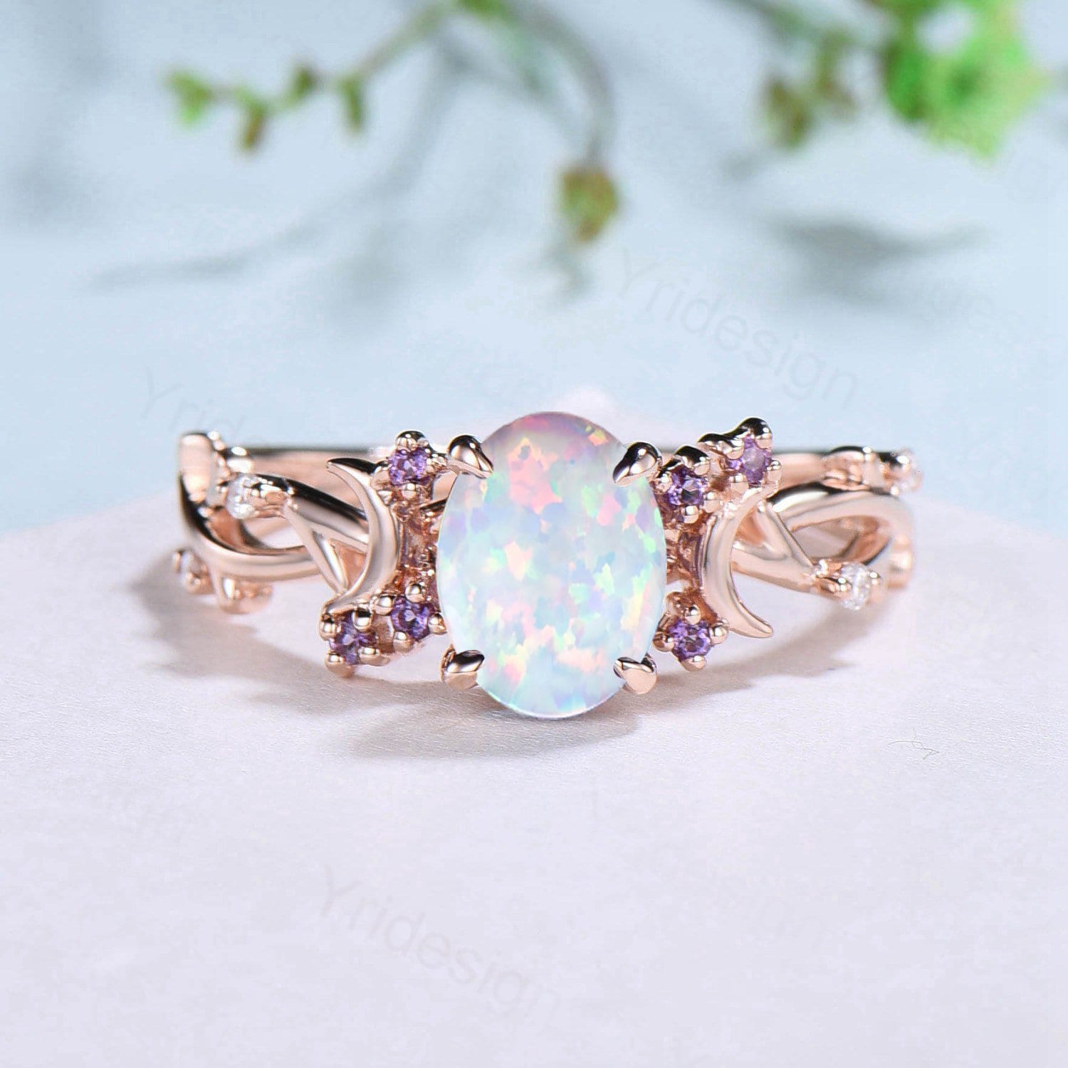 Unique 1.5CT Oval Cut Opal Ring Vintage White Opal Moon Engagement Ring Twig  Branch Cluster Amethyst Wedding Ring PromiseGift For Women - PENFINE