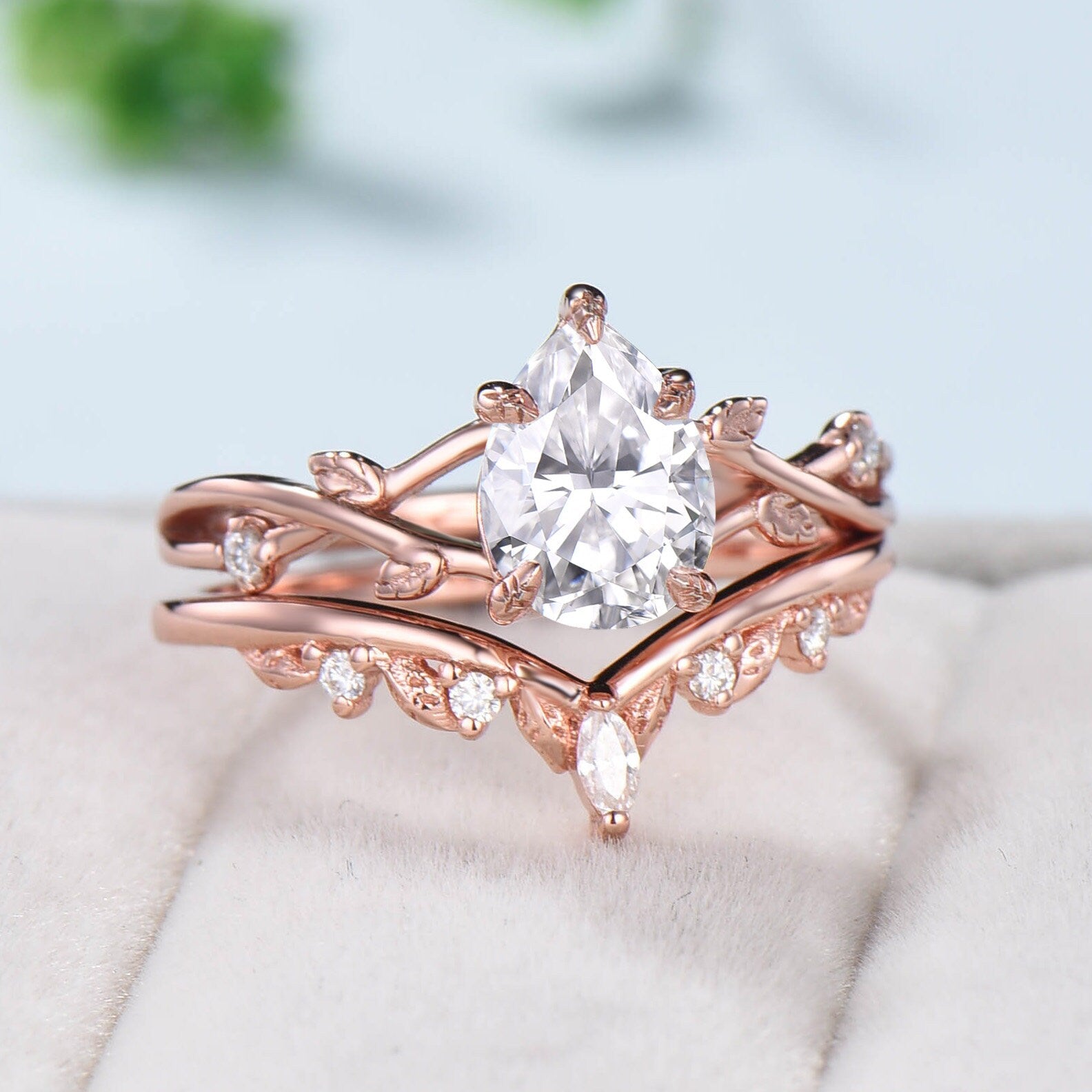 VS1-D Pear Cut Lab Grown Diamond Leaf  Engagement Ring Twig Diamond Wedding Ring Set Nature Inspired Leaf Diamonds Wedding Ring Set for Her - PENFINE