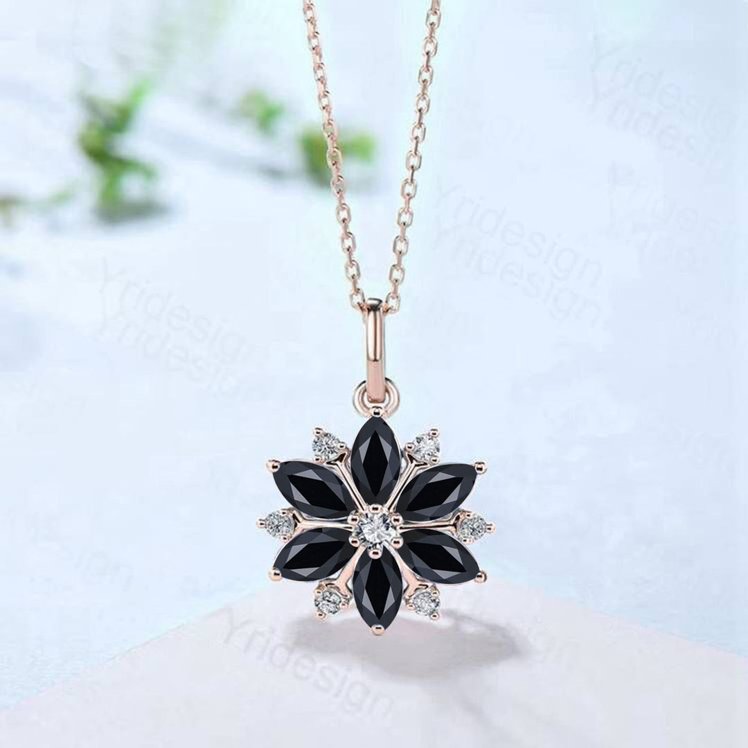 Victorian Gothic Pendant- Art Deco Black Spinel Snowflake Necklace - PENFINE