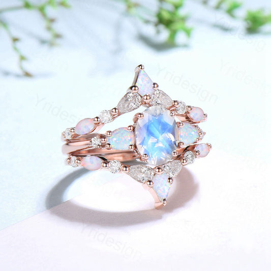 1.5CT Oval Moonstone Engagement Ring Set Vintage Pear Opal Moissanite Wedding Ring Set Women Double Curved Stacking Pear Band Bridal Set - PENFINE
